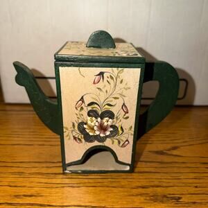 Vintage Hand-Painted Wooden Teapot Tea Bag Dispenser